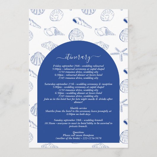 Blue Clam Seashells Coastal Wedding Itinerary Programmakaart (Achterkant)