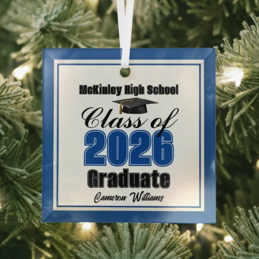 Blue Class of 2026 Graduation Custom Christmas Glas Ornament (Insitu)