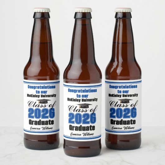 Blue Class of 2026 Graduation Party Custom Bier Etiket (Flessen)