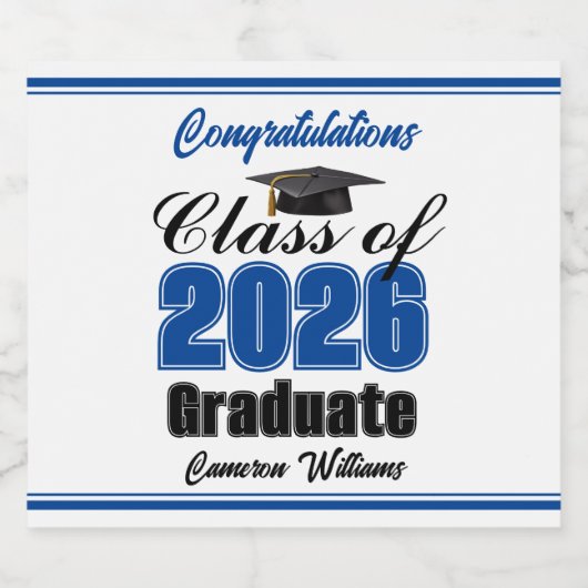 Blue Class of 2026 Graduation Party Custom Sparkling Wijnetiket (Enkel label)