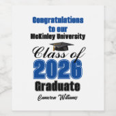 Blue Class of 2026 Graduation Party Custom Wijn Etiket (Enkel label)