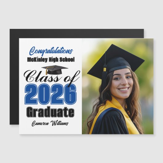 Blue Class of 2026 Graduation Photo Magnet Card (Voorkant / Achterkant)