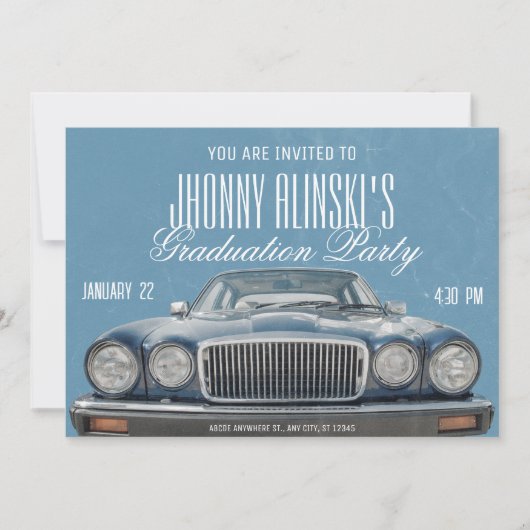 Blue Classic auto afstuderen Invitation Kaart (Voorkant)