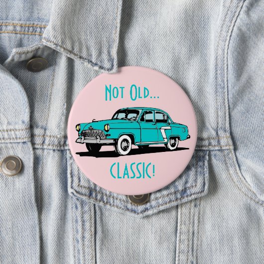 Blue Classic Car Funny Birthday Button (In situ)