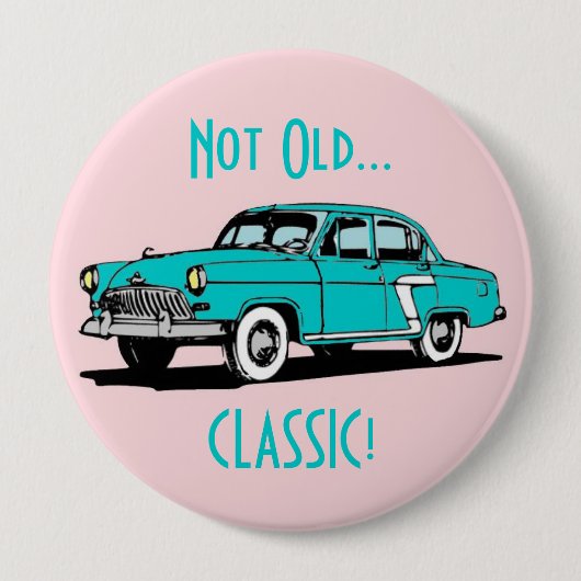 Blue Classic Car Funny Birthday Button (Voorkant)