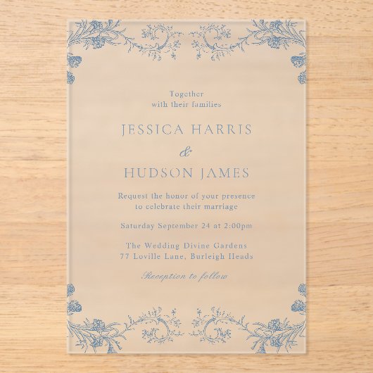 Blue Classic Elegance Bloemen Huwelijk Acryl Uitnodigingen (Voorkant)