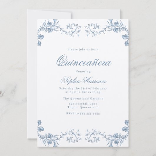  Blue Classic Elegant Quinceanera Kaart (Voorkant)
