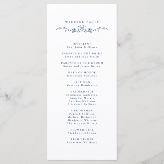 Blue Classic Floral Crest Wedding Ceremony Programmakaart (Achterkant)