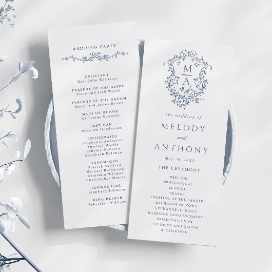 Blue Classic Floral Crest Wedding Ceremony Programmakaart