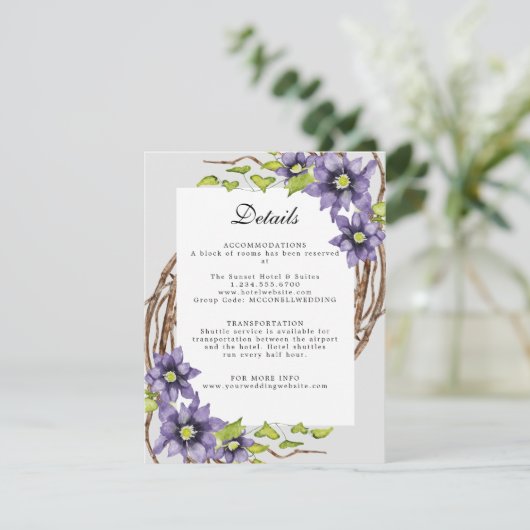 blue Clematis lantaarns receptie bruiloft Informatiekaartje (Staand voorkant)