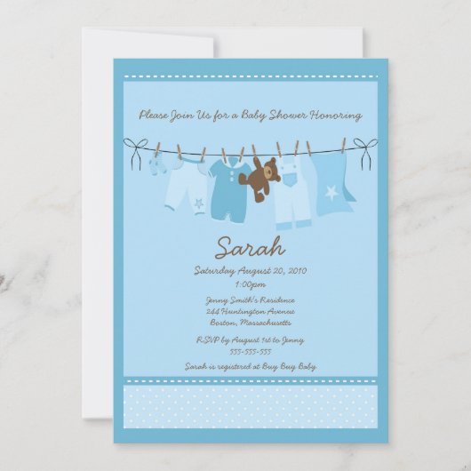 Blue Clothesline Baby shower Invitation Kaart (Voorkant)