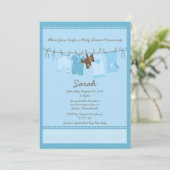 Blue Clothesline Baby shower Invitation Kaart (Staand voorkant)