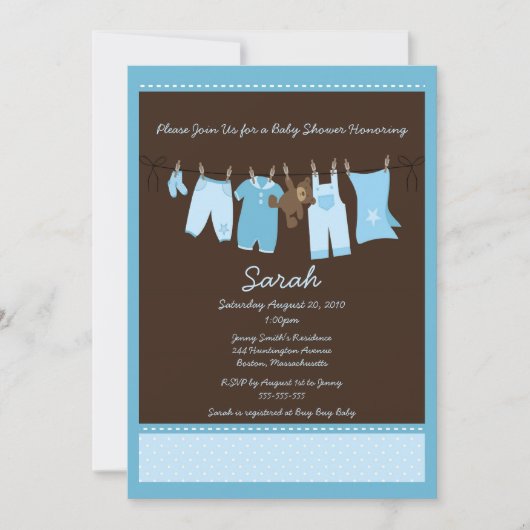 Blue Clothesline Baby shower Invitation Kaart (Voorkant)