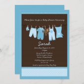 Blue Clothesline Baby shower Invitation Kaart (Voorkant / Achterkant)