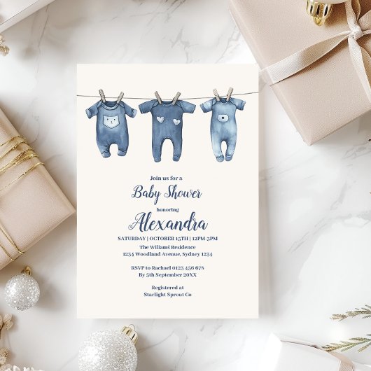 Blue Clothesline Baby shower Kaart