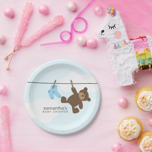 Blue Clothesline Boy Baby shower Papieren Bordje (Feest)