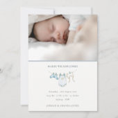 Blue Clothesline Foto Baby Birth Notice Bedankkaart (Voorkant)