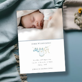 Blue Clothesline Foto Baby Birth Notice Bedankkaart