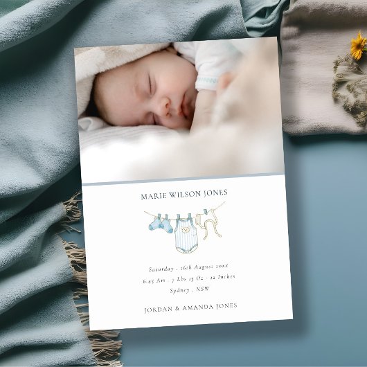 Blue Clothesline Foto Baby Birth Notice Bedankkaart