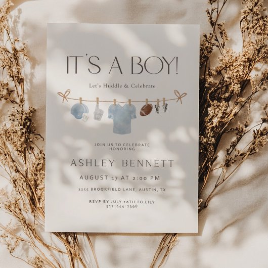 Blue Clothesline It’s a Boy Football Baby Shower Kaart