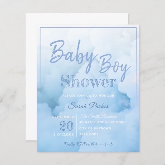 Blue Cloud Baby Boy Baby shower Uitnodiging (Voorkant / Achterkant)