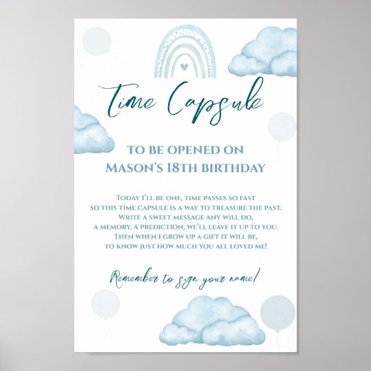 Blue Cloud Boho Tijdcapsule Eerste Verjaardag Poster (Voorkant)