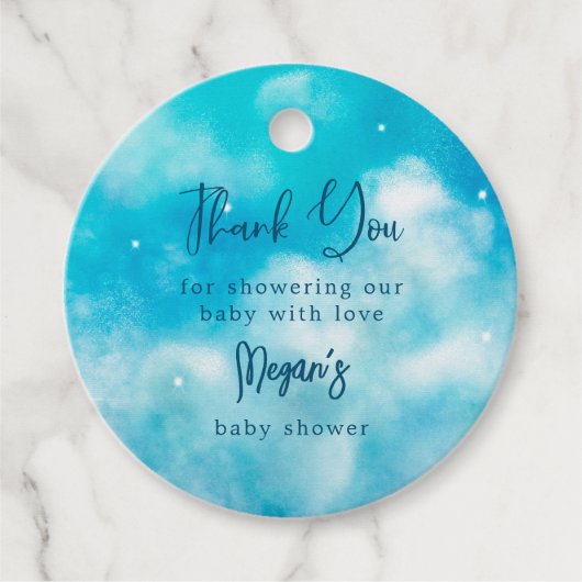 Blue Cloud Nine Baby shower Bedankjes Labels (Voorkant)
