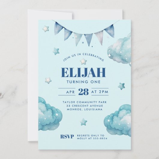 Blue Cloud Star Bunting Banner Verjaardagsfeest Kaart (Voorkant)
