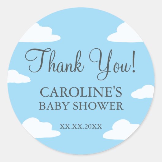 Blue Clouds: een uitnodiging voor een Baby shower Ronde Sticker (Voorkant)