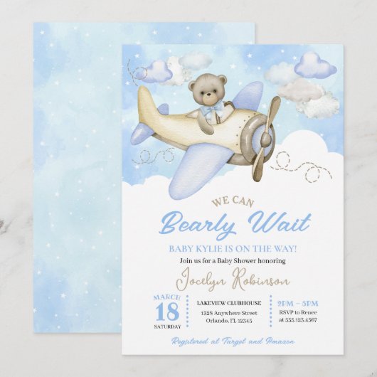 Blue Clouds Flying Bear Pilot Baby shower Kaart (Voorkant / Achterkant)