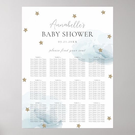 Blue Clouds & Gold Stars Baby shower Zitplaatskaar Poster (Voorkant)