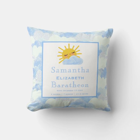 Blue Clouds Sunshine Personalised Baby Birth Stat Kussen (Voorkant)