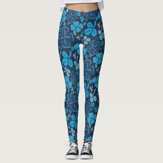 Blue Clover Shamrock Pattern St. Patrick's Day Leggings (Voorkant)