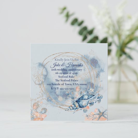 Blue Coastal Beach Wedding Jubileum Kaart (Staand voorkant)