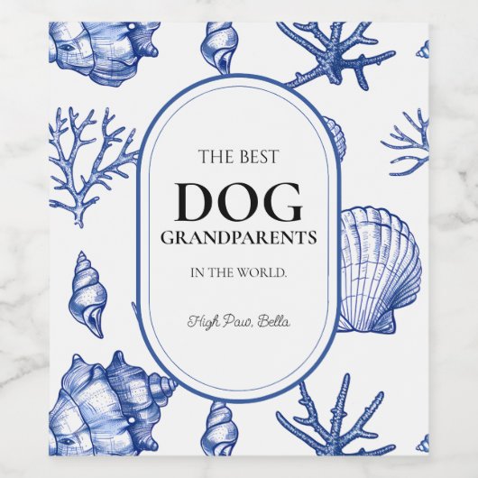 Blue Coastal Beste Hond Grootouders Seashell Koraa Wijn Etiket (Enkel label)