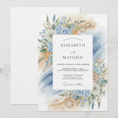 Blue Coastal Bloom Beach Wedding Kaart (Voorkant / Achterkant)