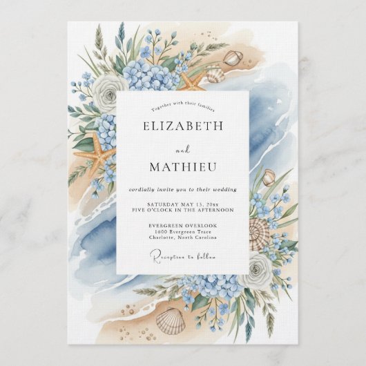 Blue Coastal Bloom Beach Wedding Kaart (Voorkant)