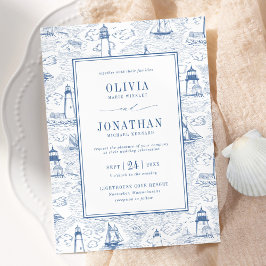 Blue Coastal Chic Lighthouse Toile Wedding Kaart