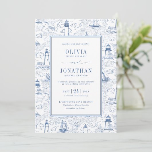 Blue Coastal Chic Lighthouse Toile Wedding Kaart (Staand voorkant)