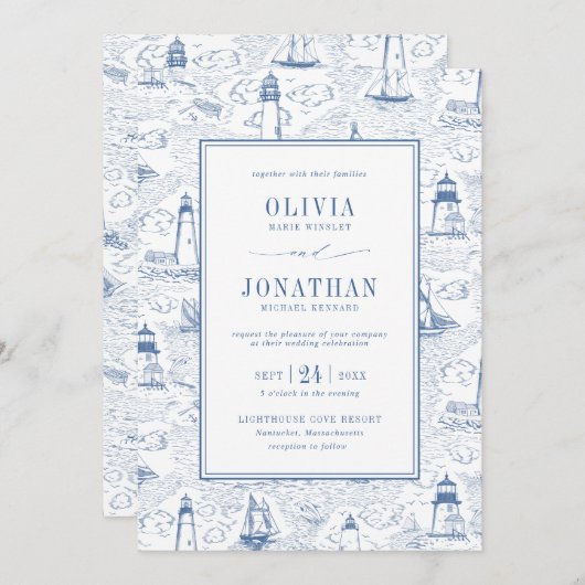 Blue Coastal Chic Lighthouse Toile Wedding Kaart (Voorkant / Achterkant)