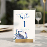 Blue Coastal Crab Wedding Table Number Kaart<br><div class="desc">Ontworpen om te coördineren met Do Tell A Belle's blauwe kustkrab bruiloft briefpapier suite, dit strand thema tafel nummer beschikt over een replica van mijn originele waterverf krab in tinten van blauw met uw tafelnummer, namen en trouwdatum. Perfect voor zomerse, kust- en nautische thema bruiloft recepties, repetitie diners en vrijgezellenfeesten....</div>