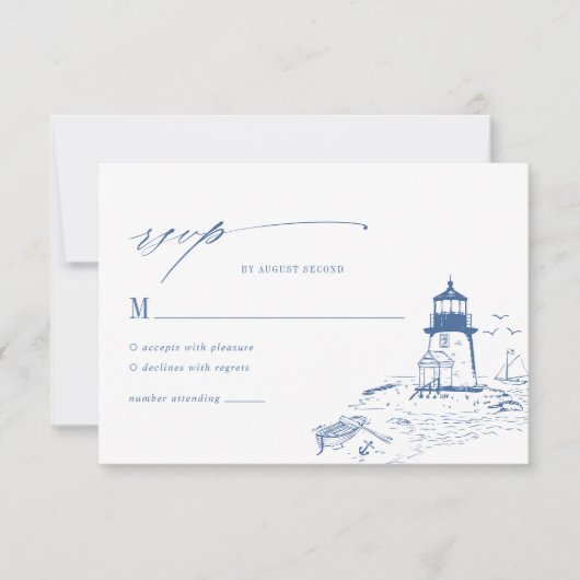 Blue Coastal Lighthouse Toile Wedding RSVP Kaartje (Voorkant)