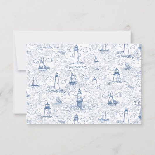 Blue Coastal Lighthouse Toile Wedding RSVP Kaartje (Achterkant)