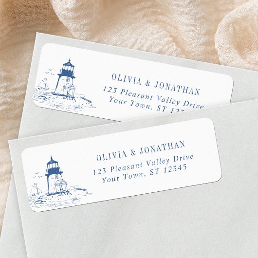 Blue Coastal Lighthouse Wedding Return Address Etiket