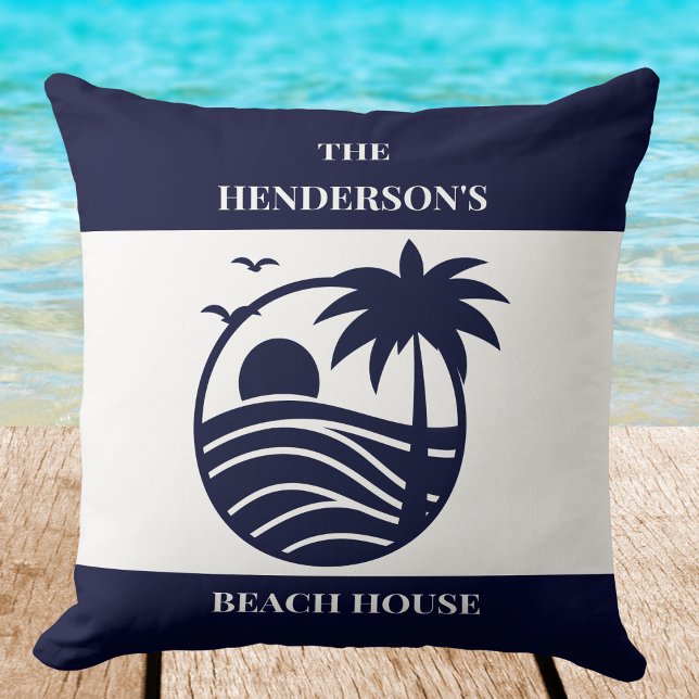 Blue Coastal Palm Tree Family Name Beach House Kussen (Creator heeft geüpload)