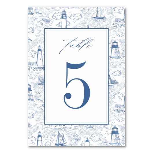 Blue Coastal Toile Lighthouse Wedding Kaart (Voorkant)