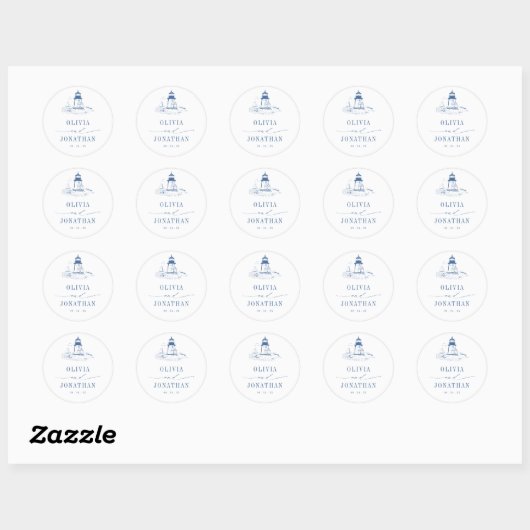 Blue Coastal Toile Lighthouse Wedding Ronde Sticker (Vel)
