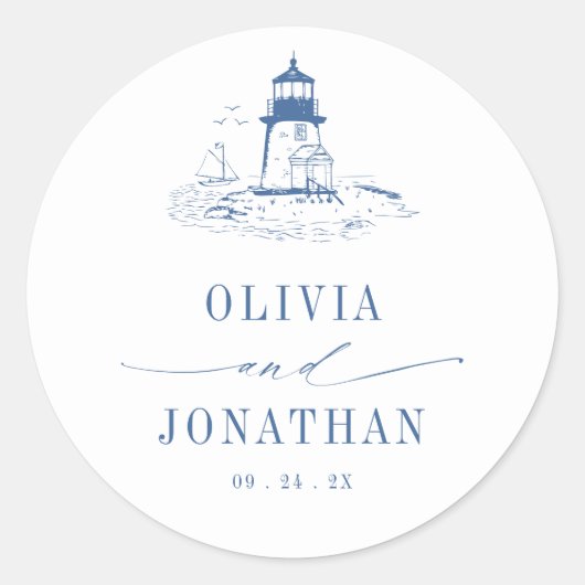 Blue Coastal Toile Lighthouse Wedding Ronde Sticker (Voorkant)