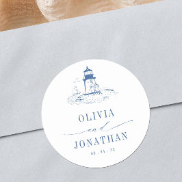 Blue Coastal Toile Lighthouse Wedding Ronde Sticker