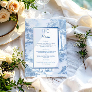 Blue Coastal Toile Trouwdiner Receptie Menu